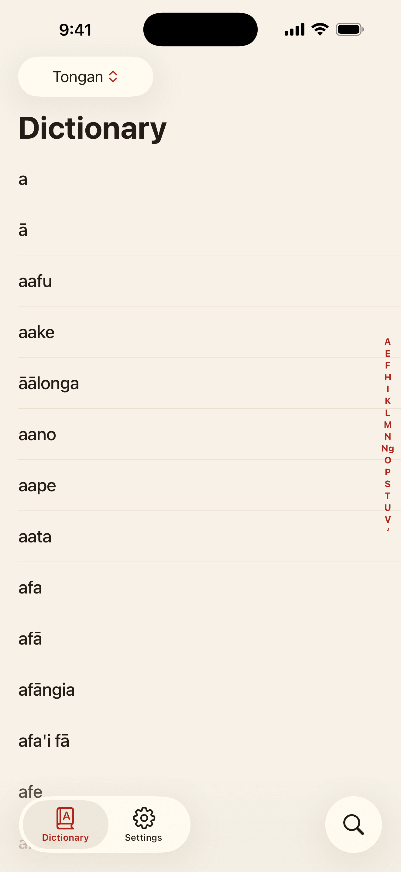 Browsing Tongan headwords alphabetically on iPhone with the letter index